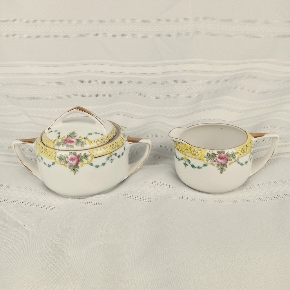 Vintage Noritake Morimura Hand Painted Sugar & Creamer Set Pink Rose Vine Yellow